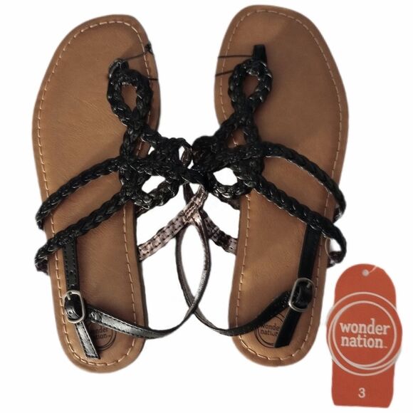 NWT Black Braided Rope Sandals sz 3 Big Girls Wonder Nation - Picture 2 of 5